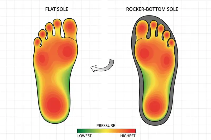 Schuhe mit Abrollsohle verändern die Druckverteilung unter dem Fuß und können den Spitzendruck am Vorfuß um 38 bis 58 Prozent reduzieren