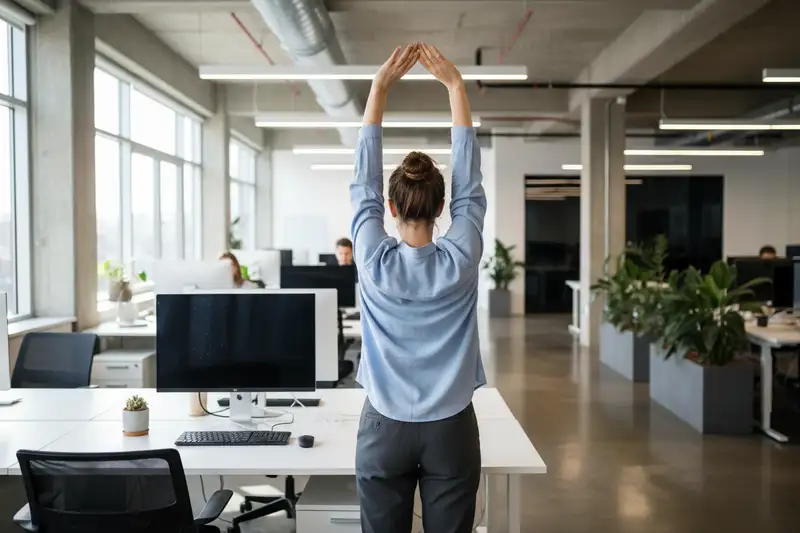 Kolleginnen bei kurzen Dehnübungen zwischen den Schreibtischen während einer gemeinsamen Bewegungspause