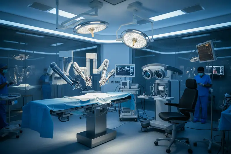 Chirurgisches Robotersystem im modernen Operationssaal einer deutschen Klinik