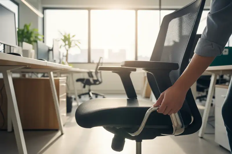 Ergonomisch eingerichteter Schreibtischarbeitsplatz mit höhenverstellbarem Monitor und angepasster Stuhlhöhe