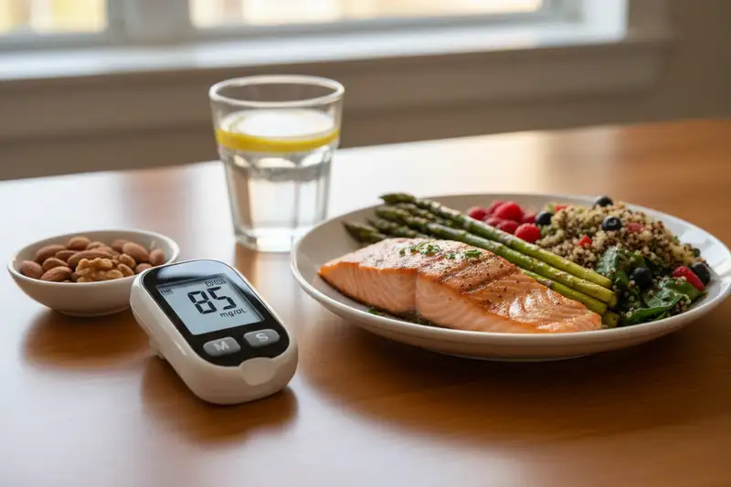 Blutzuckermessgerät neben einer leeren Kaffeetasse auf einem Frühstückstisch - die tägliche Routine vieler Diabetes-Betroffener