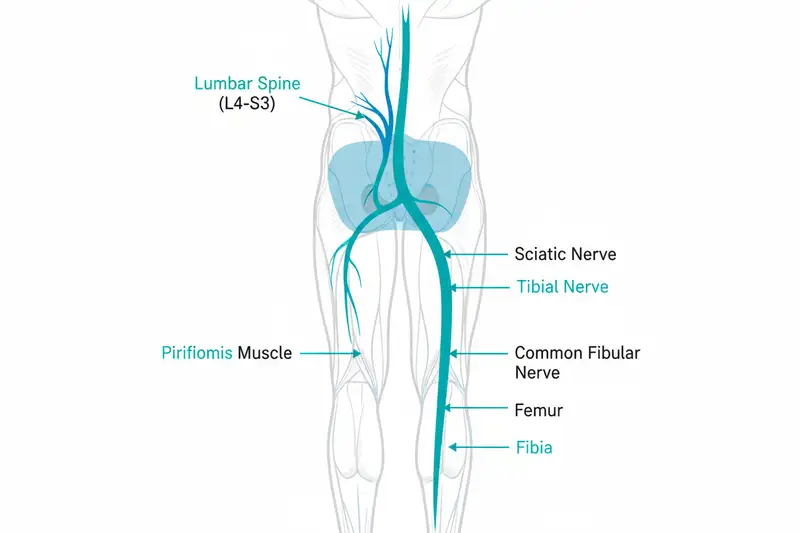 Anatomischer Verlauf des Ischiasnervs vom Lenden-Kreuz-Geflecht bis zur Kniekehle