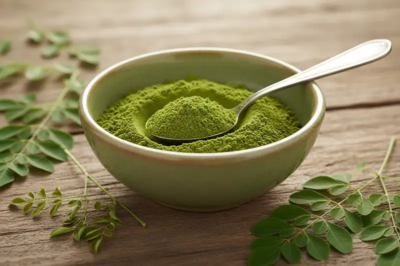 Moringa-Blattpulver enthält pro Portion (10 g) ca. 2,7 g Protein, 200 mg Kalzium und 3 mg Eisen