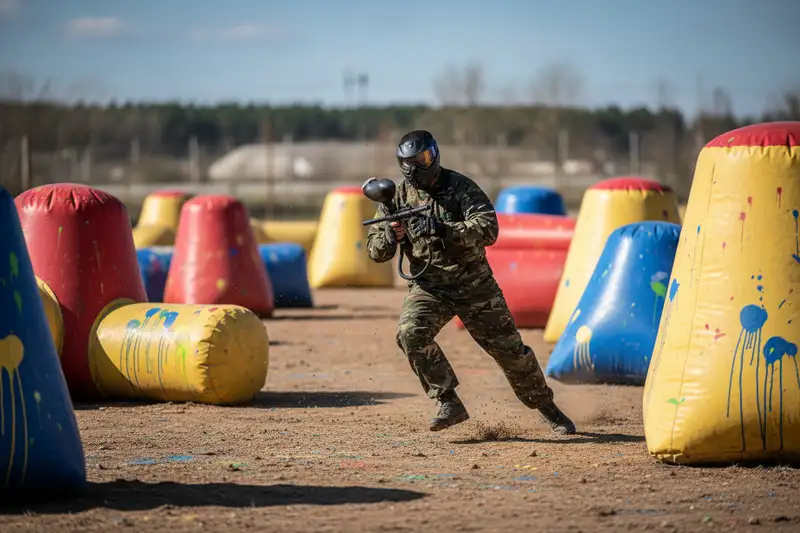 Spieler beim Sprint über das Paintball-Feld, eine typische Belastungssituation zwischen Deckungen