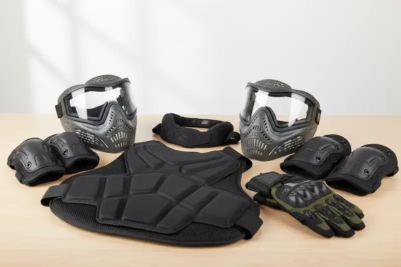 Schutzausrüstung beim Paintball mit Vollvisiermaske, Brustpanzer und Handschuhen