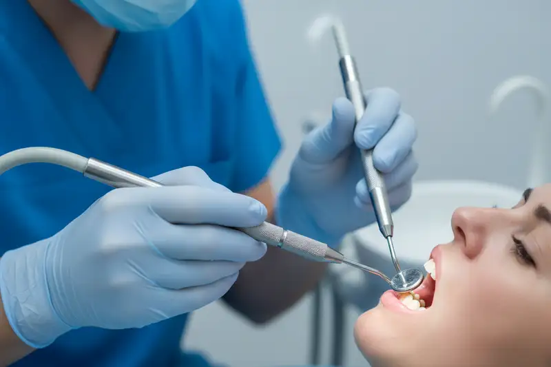 Zahnärztin führt eine professionelle Zahnreinigung mit Ultraschallinstrument durch