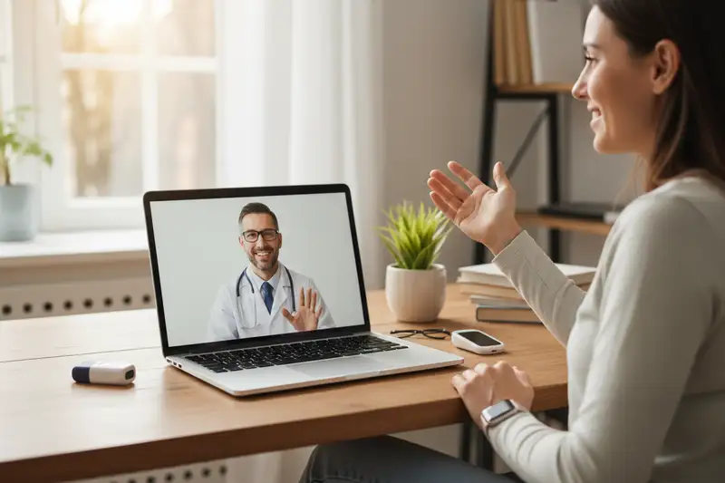 Patientin im Videogespräch mit ihrem Hausarzt am Laptop