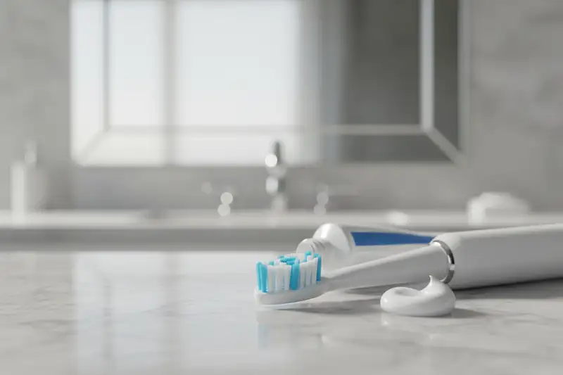 Nahaufnahme einer elektrischen Zahnbürste beim Putzen der Backenzähne